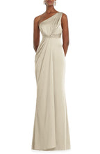 Dessy Collection One-Shoulder Satin Gown in Champagne, Size 10