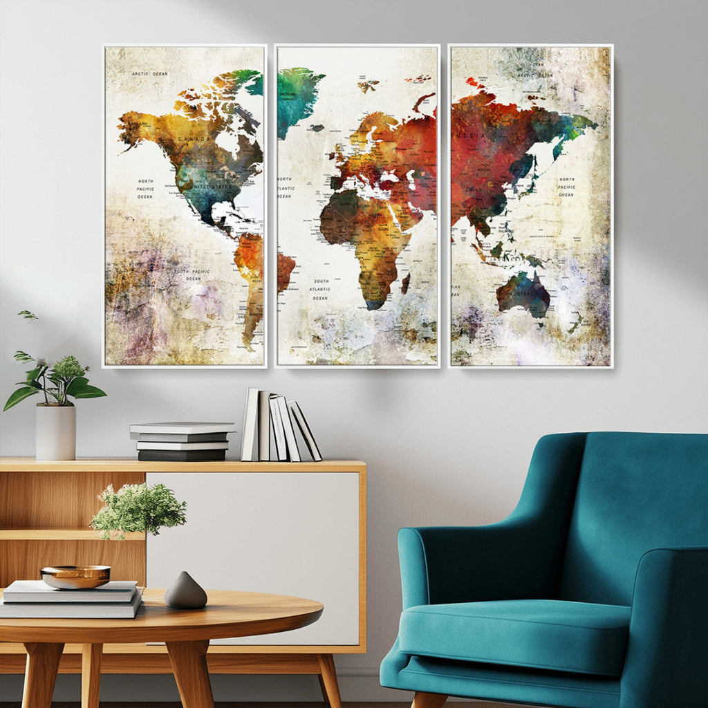 Watercolor World Map Canvas Print | Framed Travel Map Wall Art for Couples