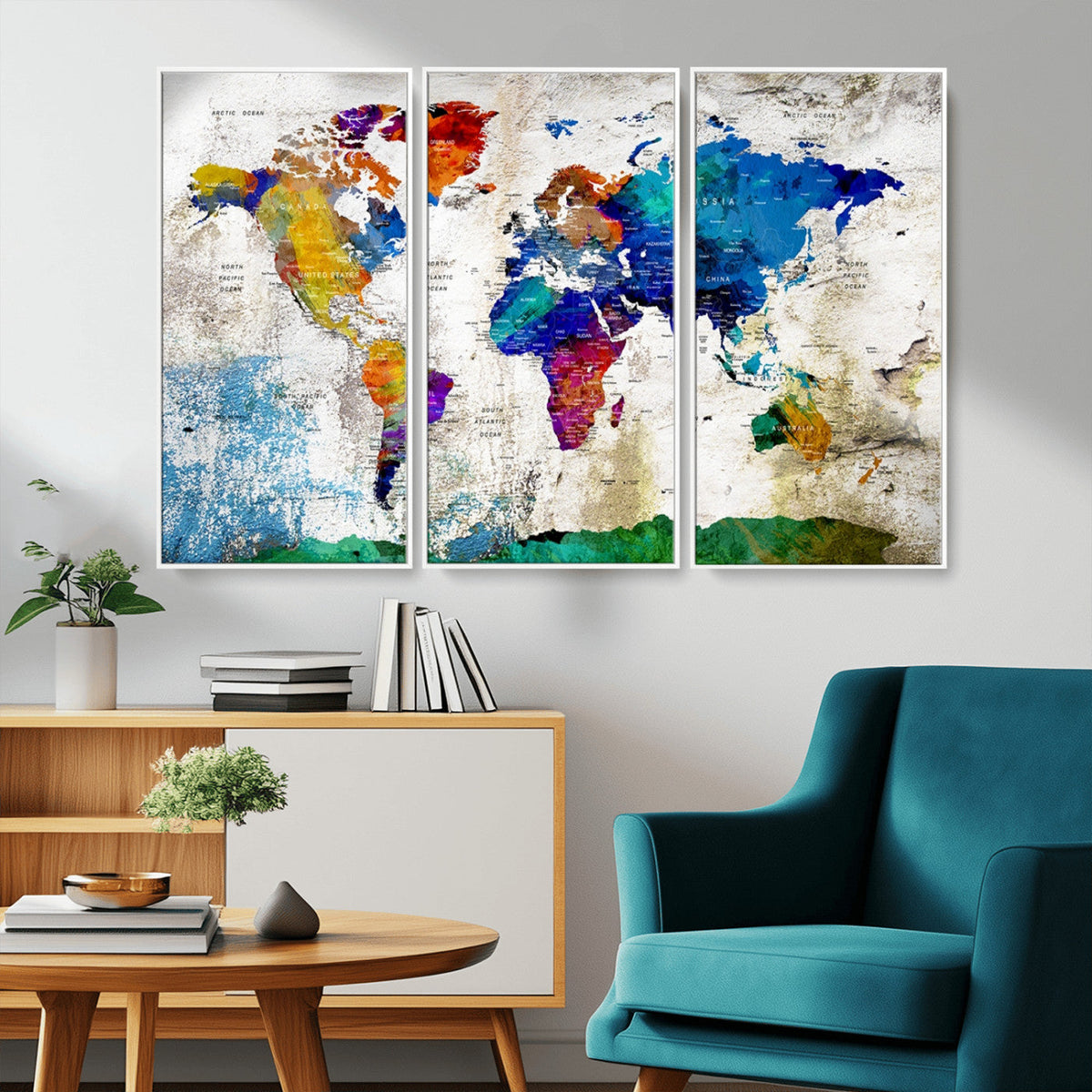 Navy Blue and Orange Watercolor World Map Canvas Print | Framed Travel Map
