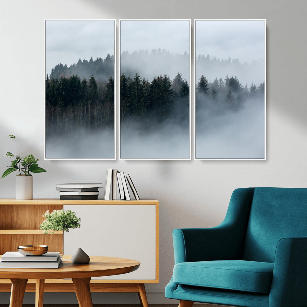 Autumn and Misty Trees in the Forest Wall Art Canvas Print, Foggy Forest Mountain Wall Art