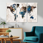 Abstract Earth Tone Blue World Map Canvas Print | Framed Travel Map Wall Art