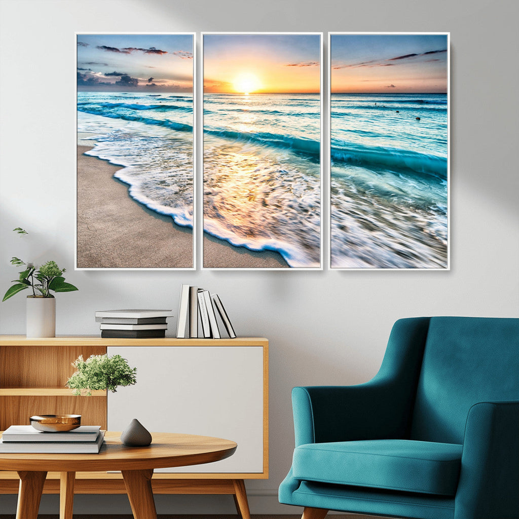Sunset Beach Waves Canvas Wall Art | Ocean Sunset Coastal Print