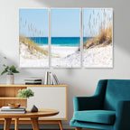 Serene Coastal Dune Path with Ocean View, 3-Panel Beach Canvas Wall Art