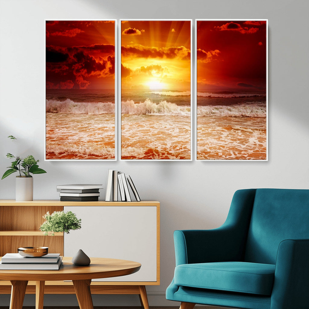 Red Sunset Ocean Beach Canvas Wall Art, Coastal Sunset Print