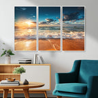 Golden Sunset Beach Triptych Canvas Art, Giclee Coastal Wall Decor, Ocean Waves Print
