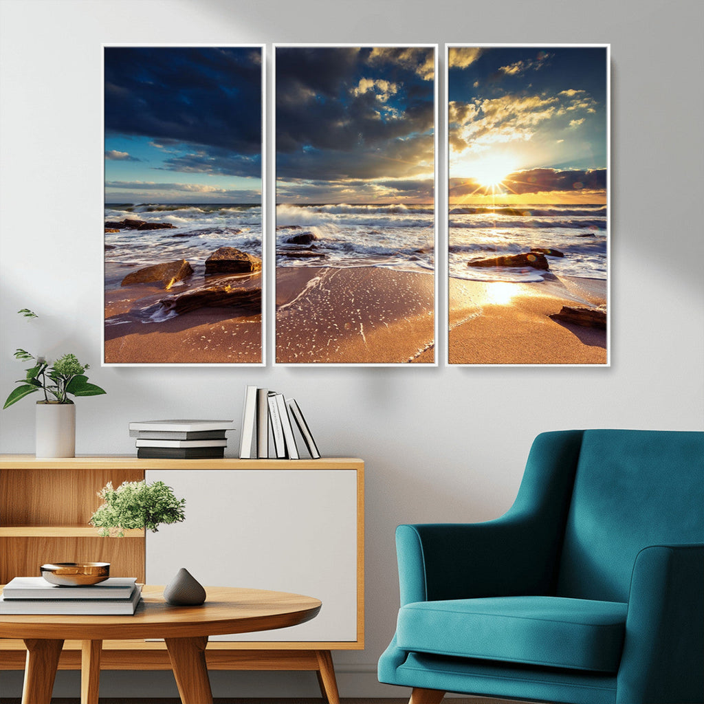 Golden Hour Beach Sunset Canvas Triptych, Ocean Waves and Rocks Wall Art