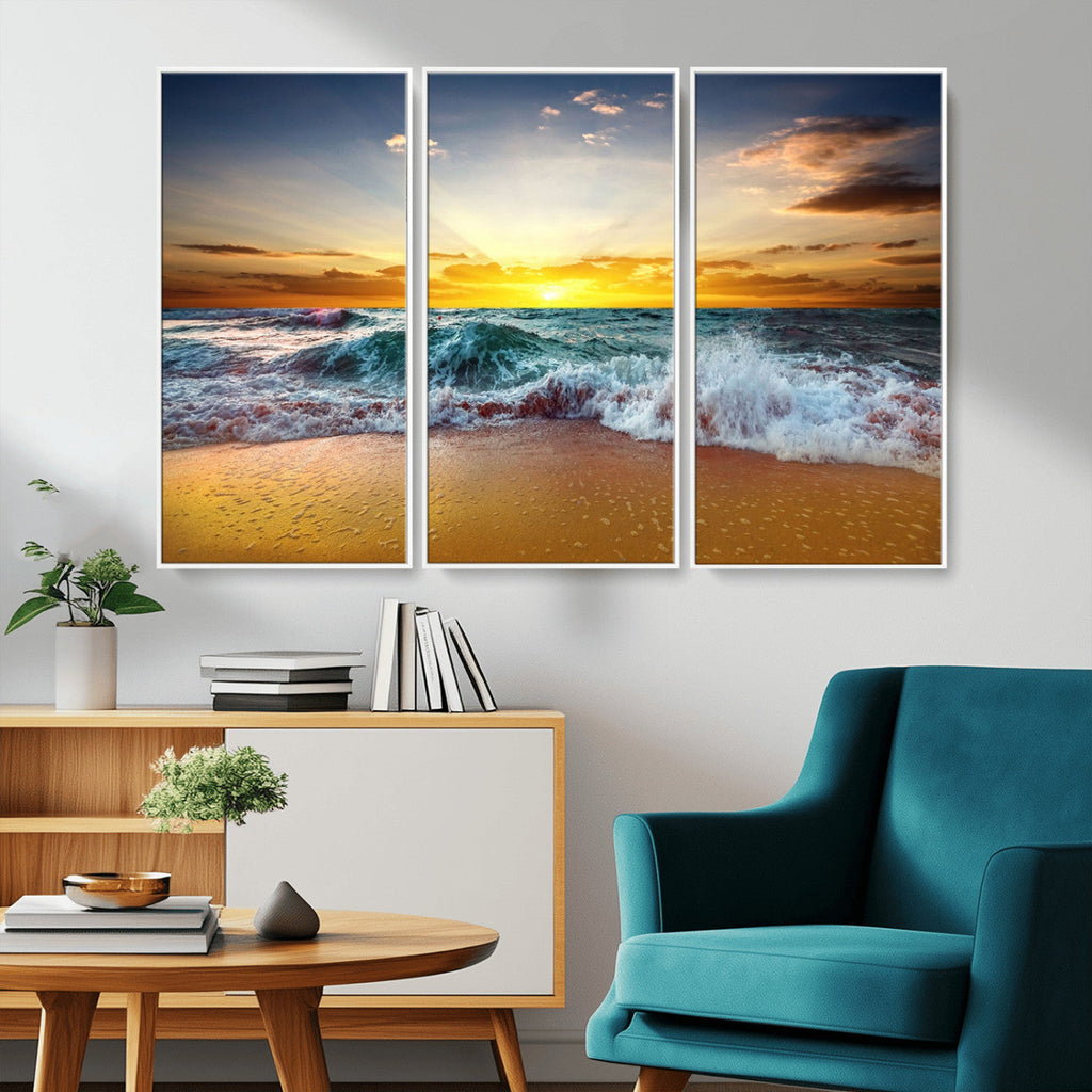 Golden Sunset Ocean Waves Wall Art Canvas Print | Multi Panel Beach Canvas Set, Coastal Triptych