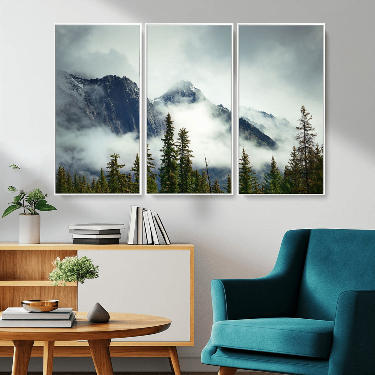 Mountain Mist Canvas Wall Art Print | 3-Panel Foggy Forest and Mountain Landscape