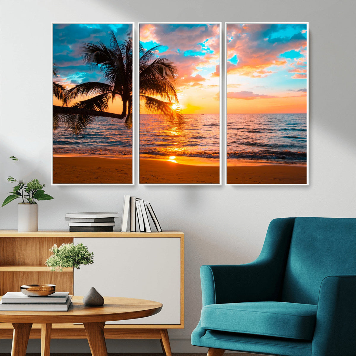 Palm Tree Sunset On The Beach Wall Art Canvas, Framed Palm Tree Sunset Canvas Print