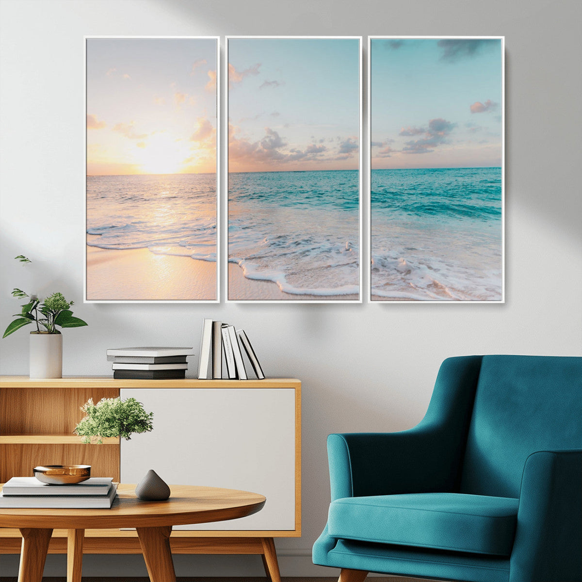 Tranquil Ocean Beach Sunset Canvas Wall Art | 3-Panel Coastal Decor