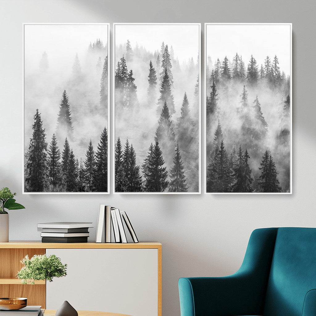 Forest Wall Art Print | Foggy Pine Forest Canvas Wall Art, Black and White Nature Decor