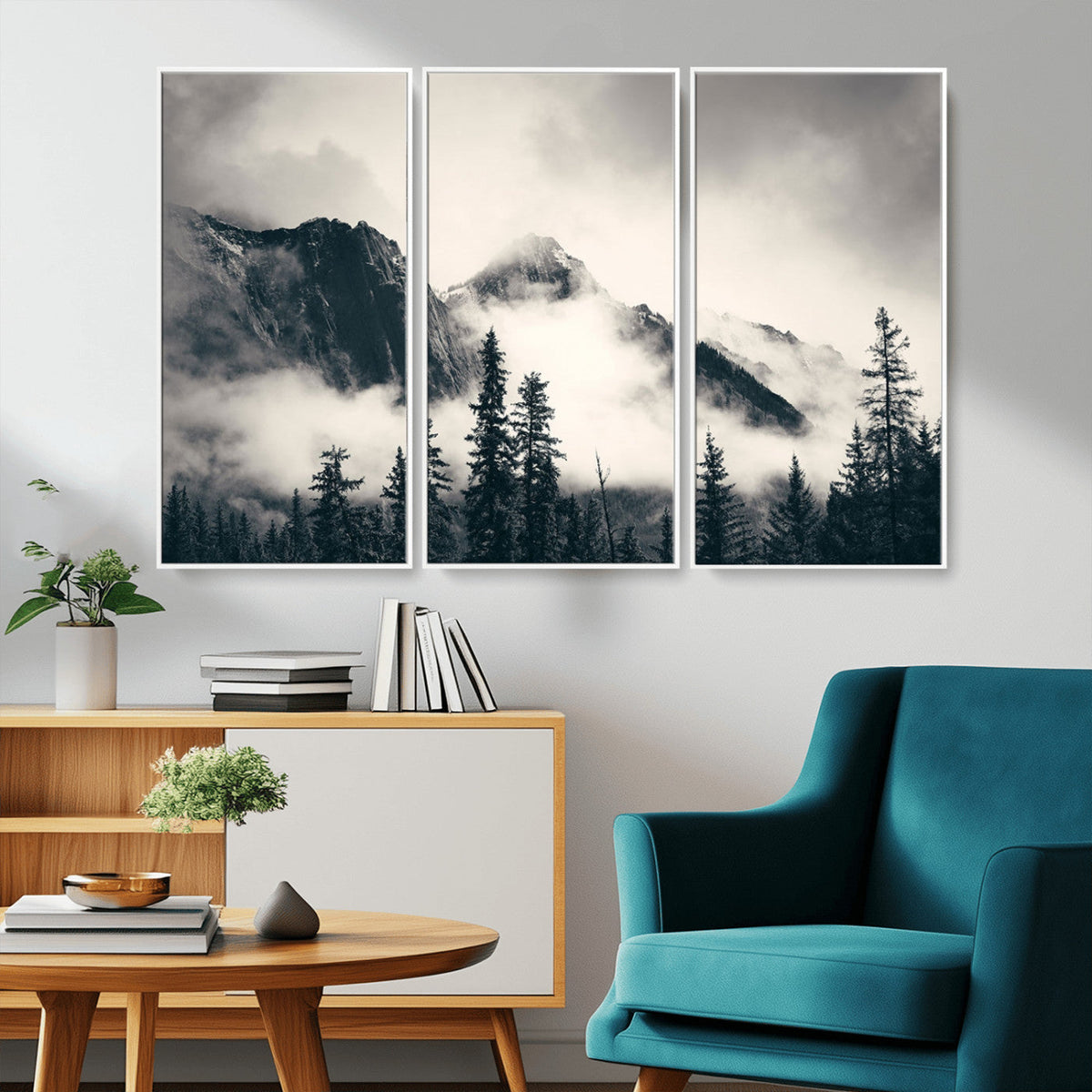 Forest Mountain Print | Black and White Canvas Wall Art with Misty Forest Design