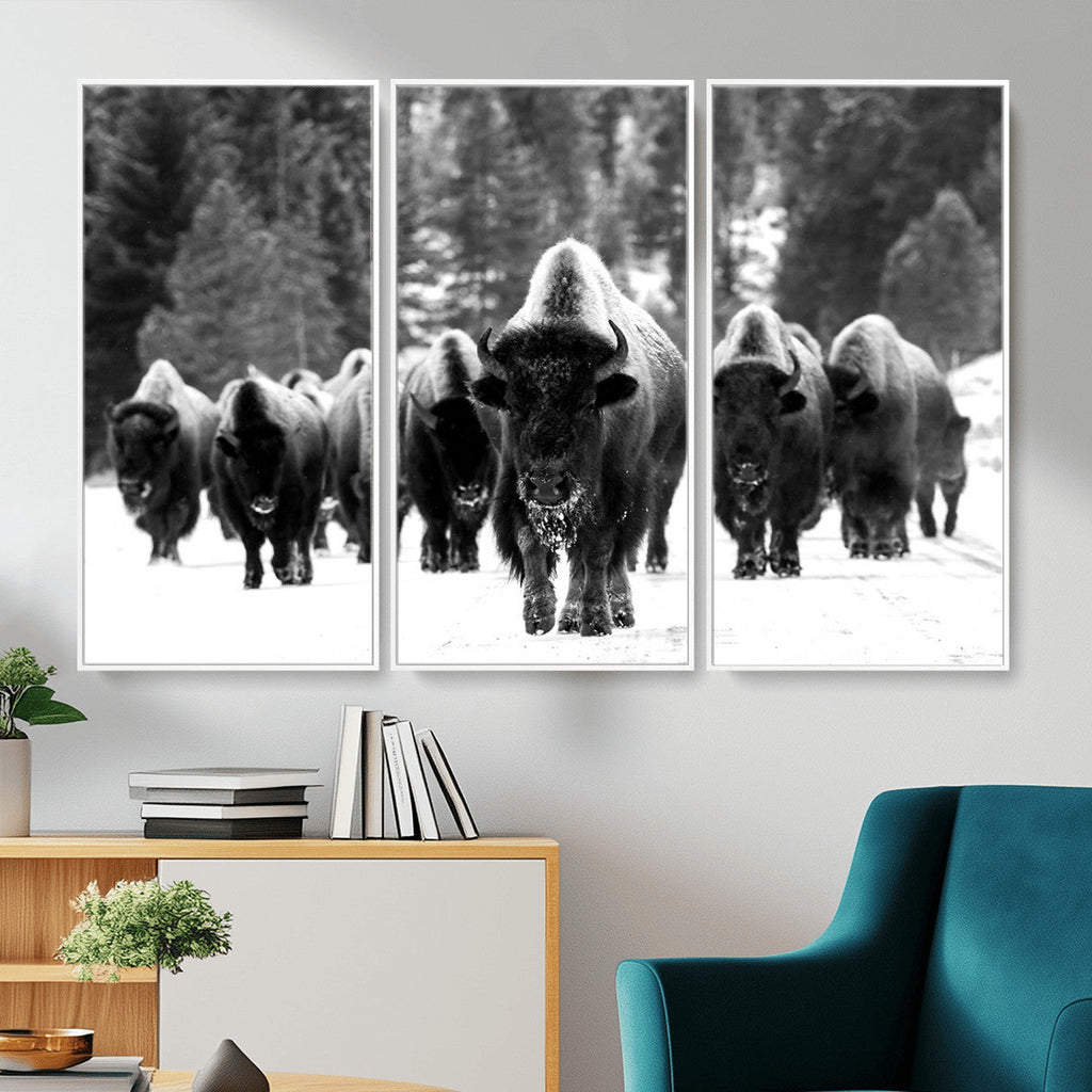 Bison Herd in Snow Wall Art Canvas Print | Rustic Western Bison Wall Art for Living Room and Farmhouse Decor