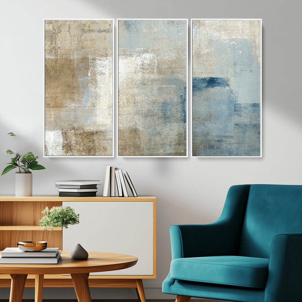 Abstract Blue and Beige Wall Art, Modern Minimalist Canvas Print Set