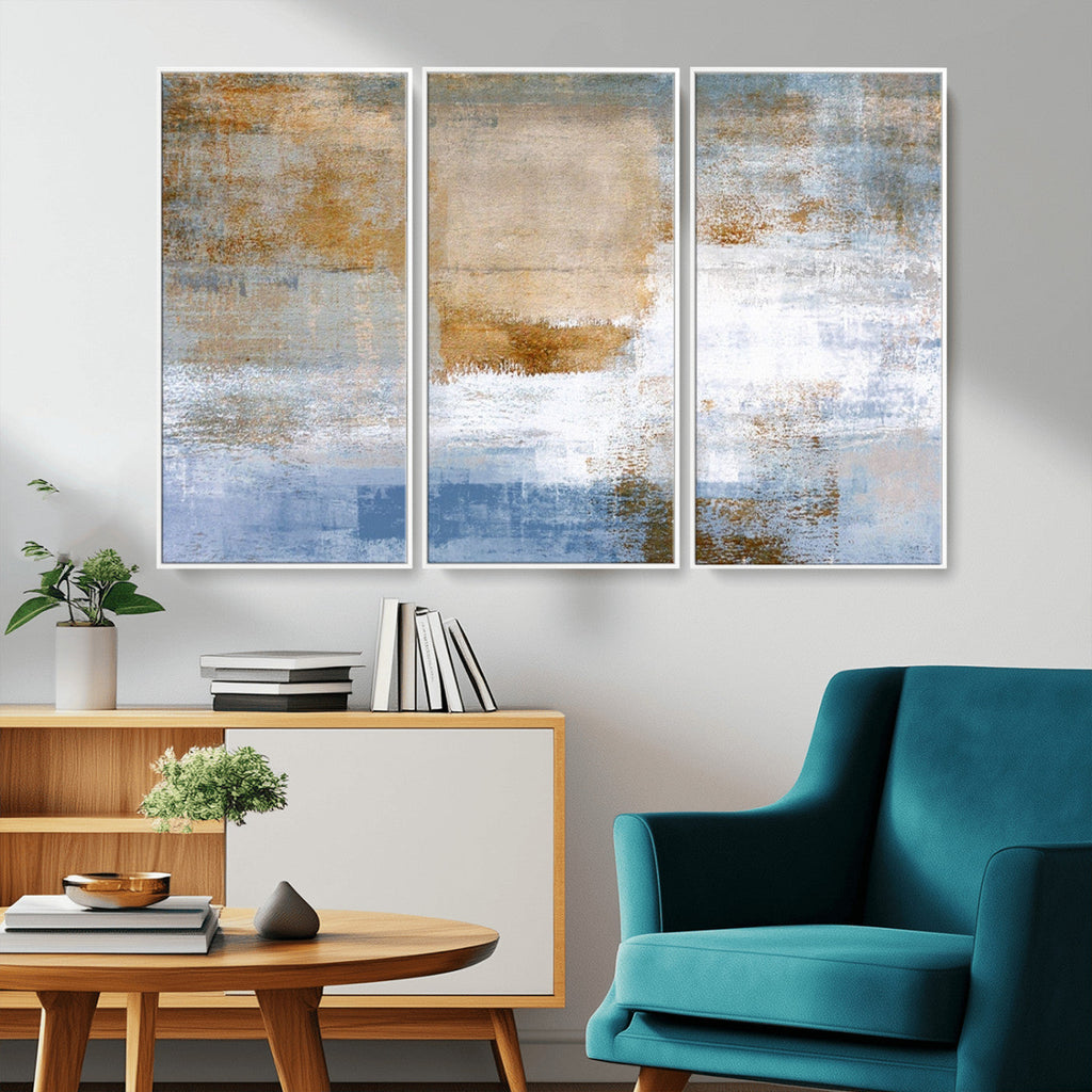 Blue Multi Panel Abstract Wall Art Canvas, Abstract Blue and Gold Canvas Print