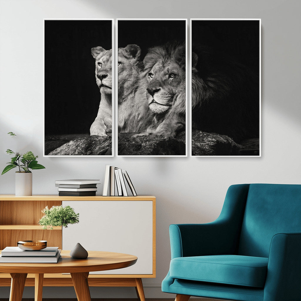 Lion Couple Wall Art Canvas Print, Elegant Black and White Wildlife Portrait
