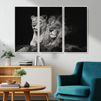 Lion Couple Wall Art Canvas Print, Elegant Black and White Wildlife Portrait