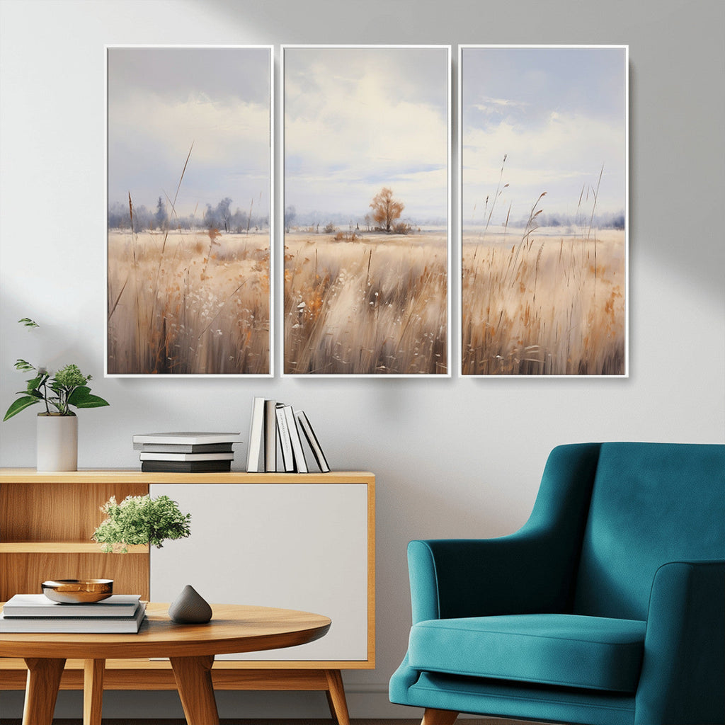 Golden Fields Wall Art Print Canvas | Serene Minimalist Landscape for Farmhouse Decor