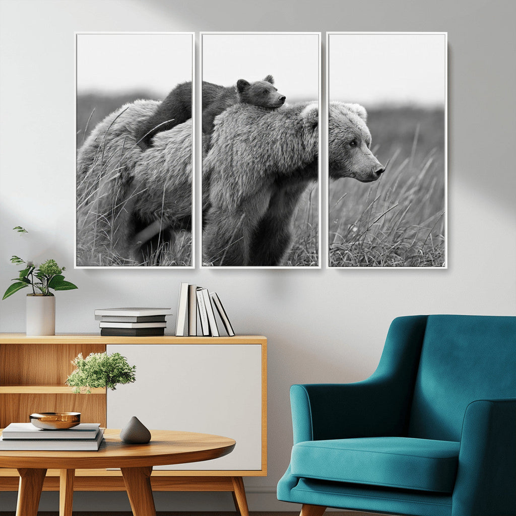 Bear and Cub Wall Art Canvas | Grizzly 399 Bear and Cub Black and White Wildlife Print