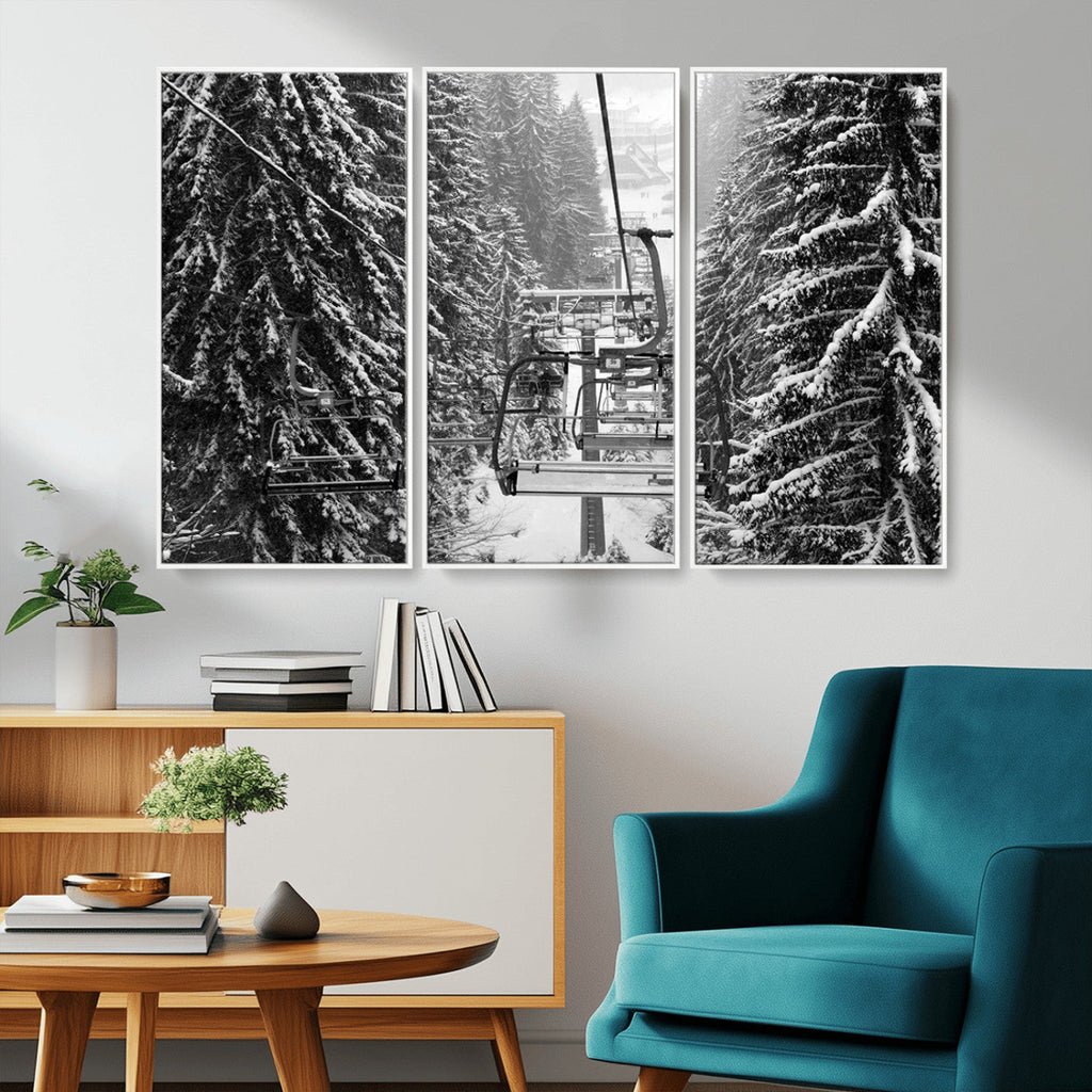 Winter Ski Lift Black and White Canvas Wall Art | Alpine Escape in Minimalist Style