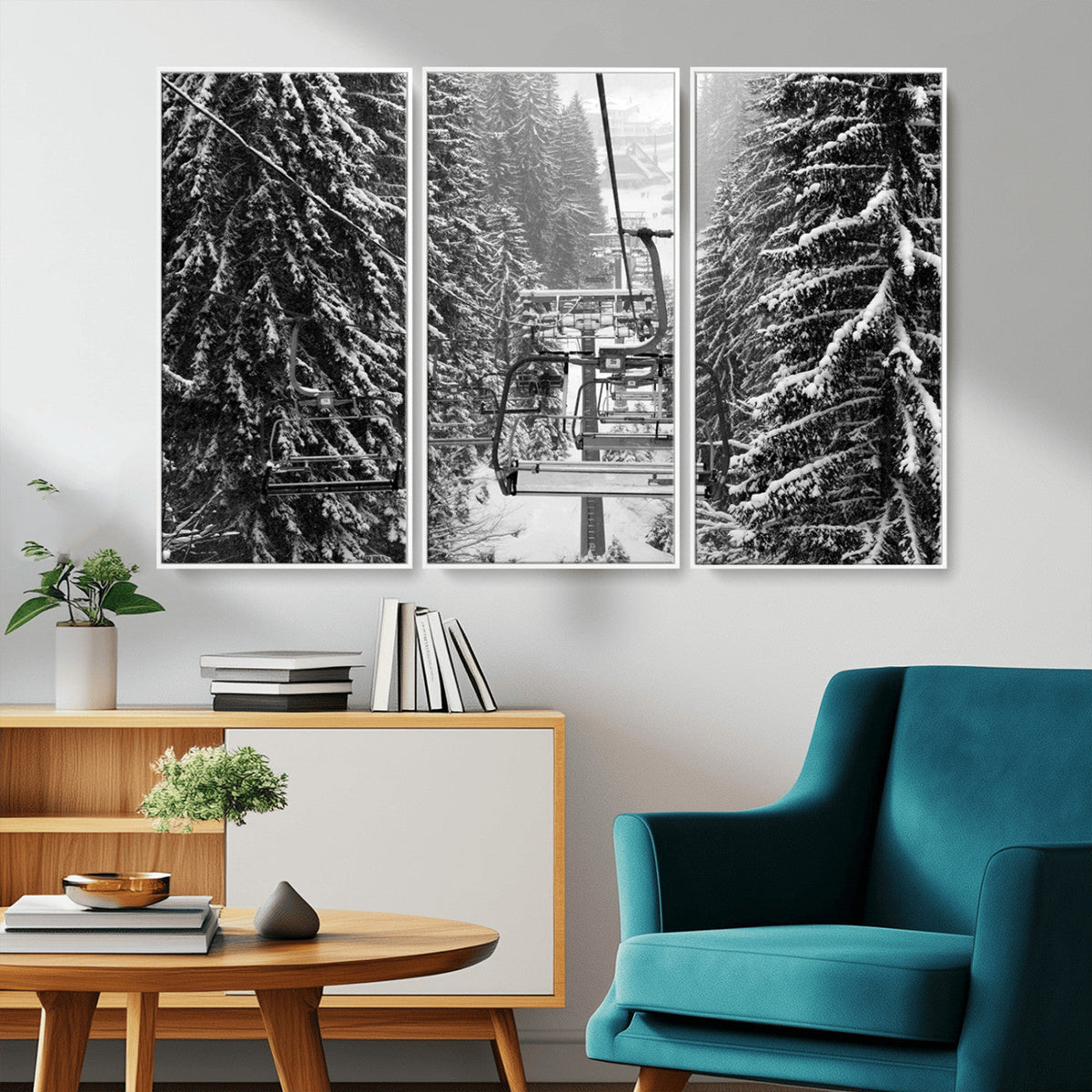 Winter Ski Lift Black and White Canvas Wall Art | Alpine Escape in Minimalist Style