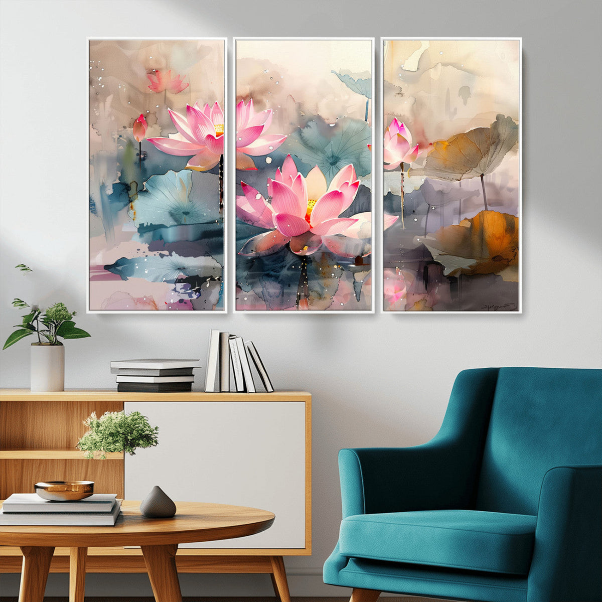 Lotus Flower Wall Art | 3 Panel Giclee Canvas Print of Pink Lotus Blossoms