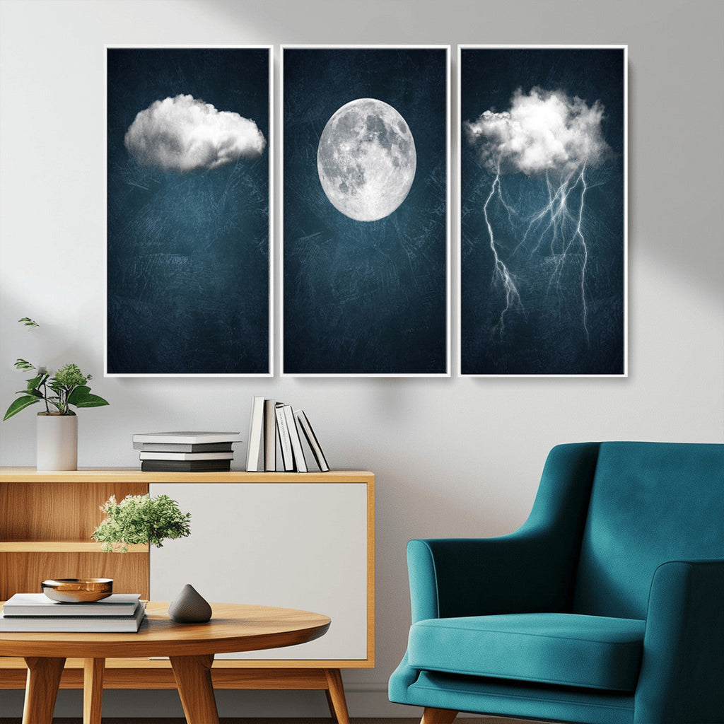 3 Piece Indigo Cloud Wall Art, Thunderstorm Moon Cloud Artwork