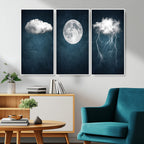3 Piece Indigo Cloud Wall Art, Thunderstorm Moon Cloud Artwork