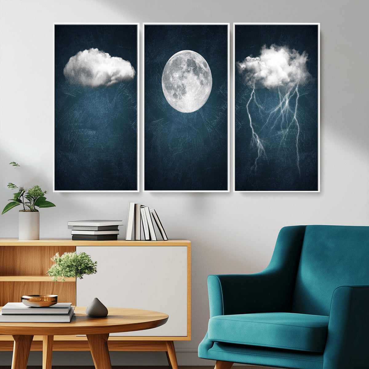 3 Piece Indigo Cloud Wall Art, Thunderstorm Moon Cloud Artwork