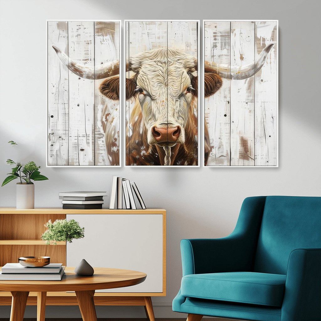 Rustic Longhorn Bull Wall Art Canvas Set