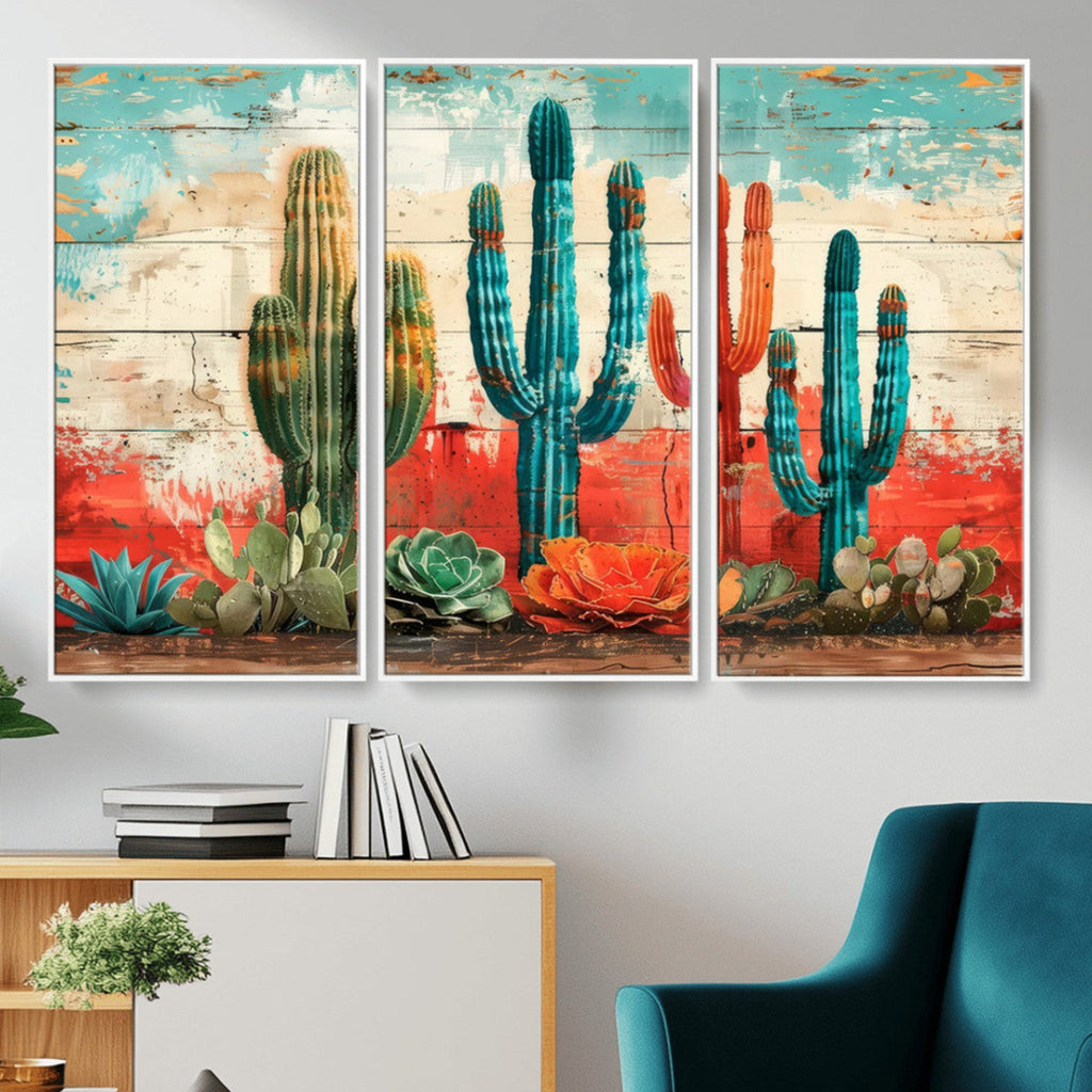 Colorful Cacti Wall Art | Framed Vibrant Succulent Canvas