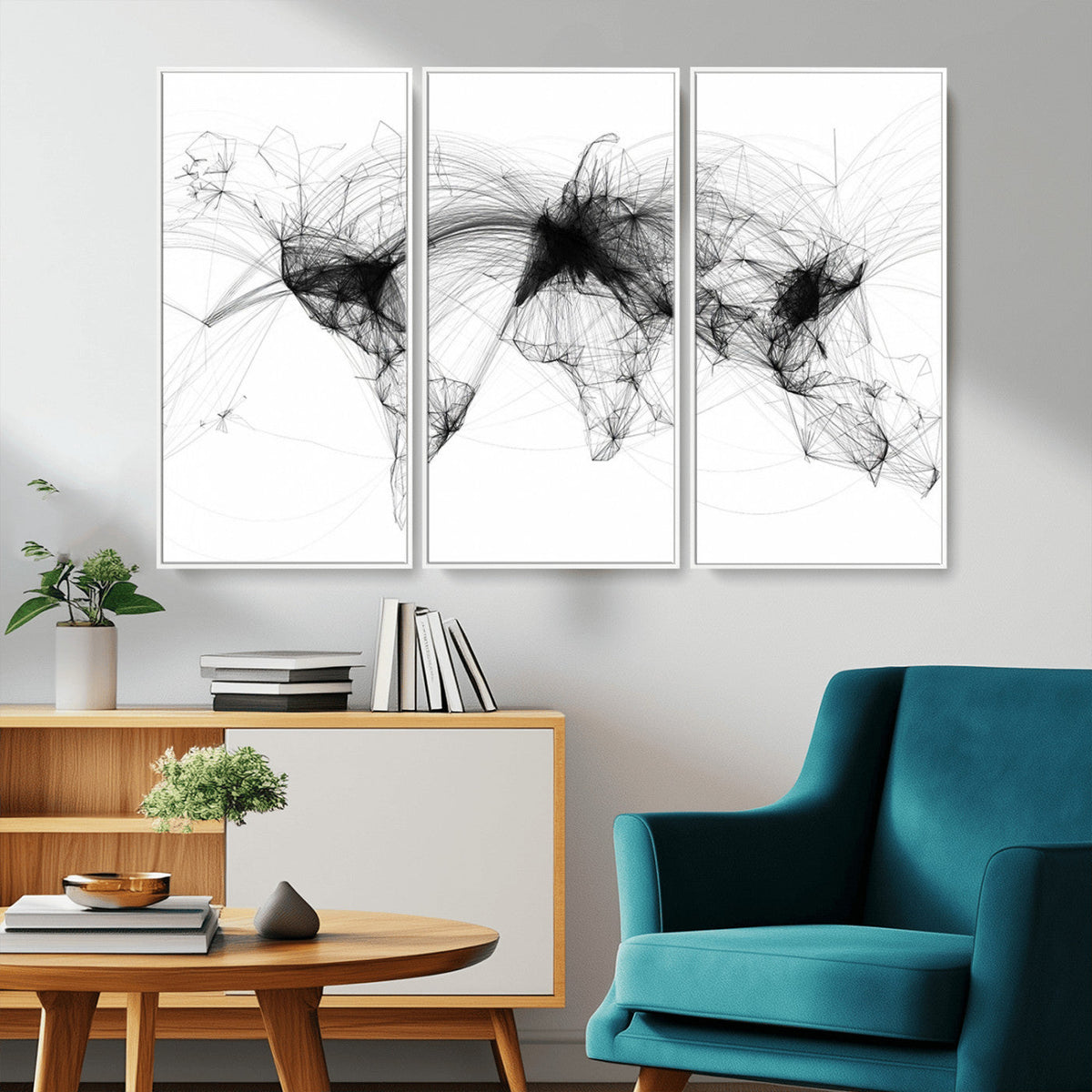 Abstract World Map Wall Art | Framed Geometric Line Canvas