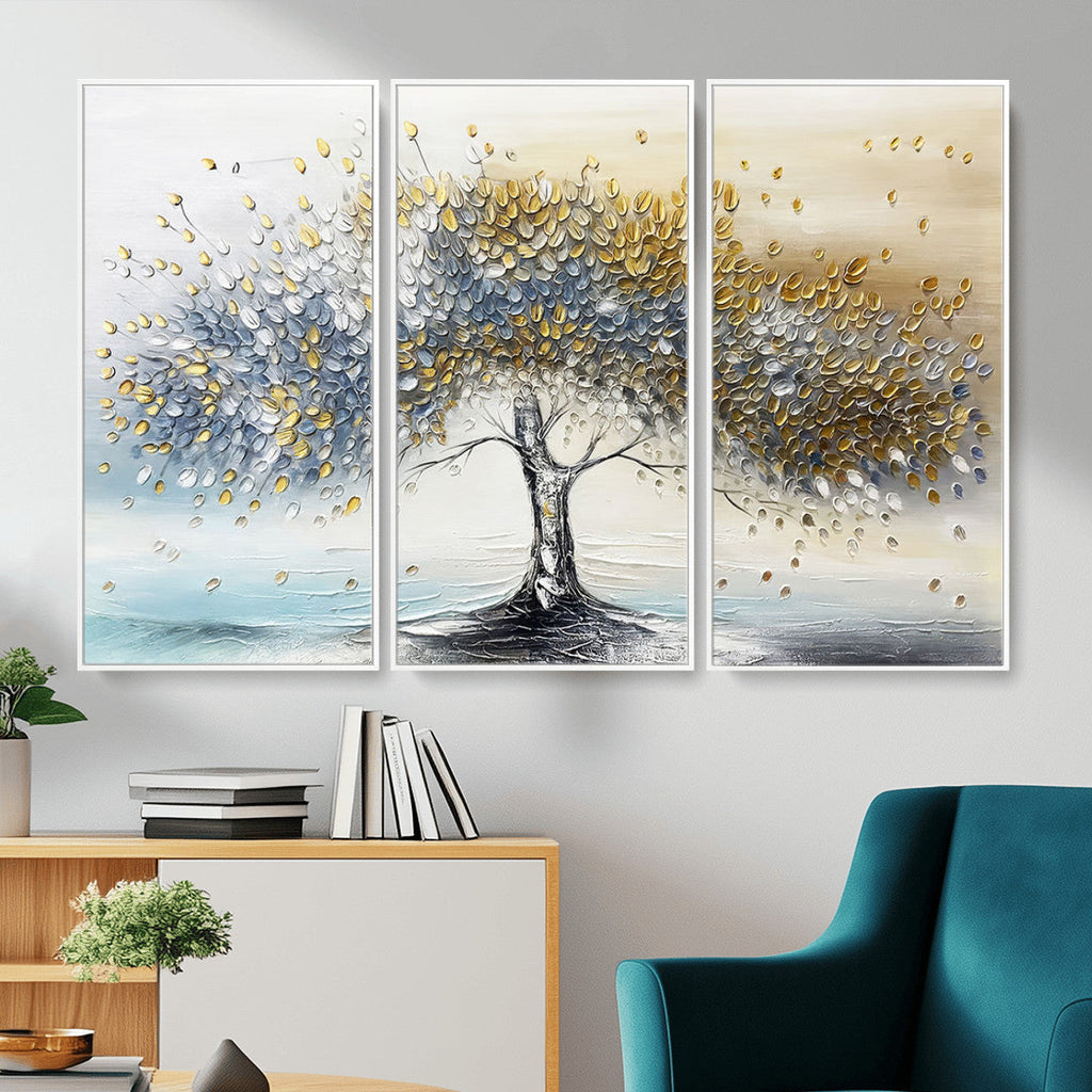 Golden and Silver Tree Wall Art | Framed Elegant Leaves Canvas