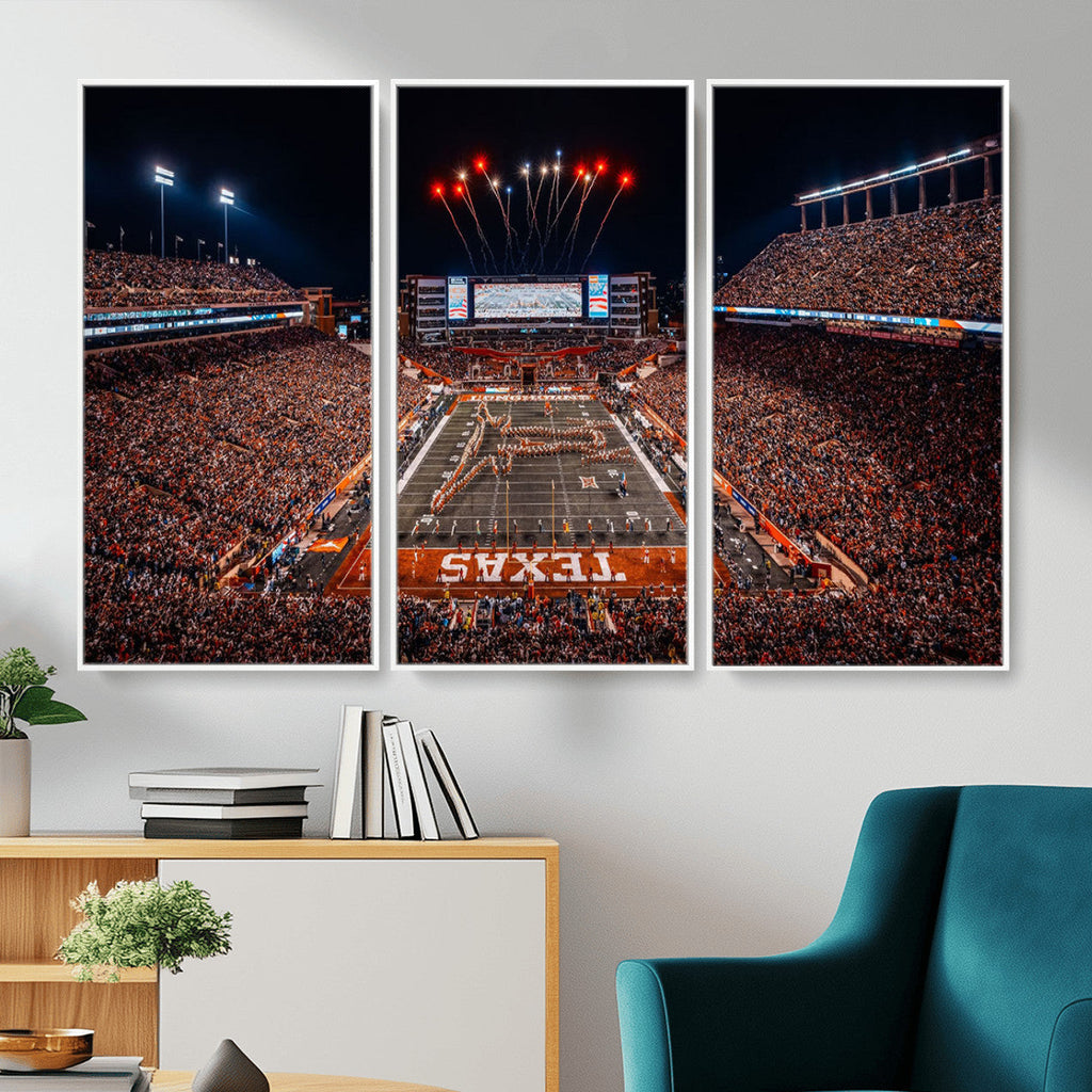 Texas Stadium Night Game Wall Art Canvas Print, Vibrant Football Fireworks Scene