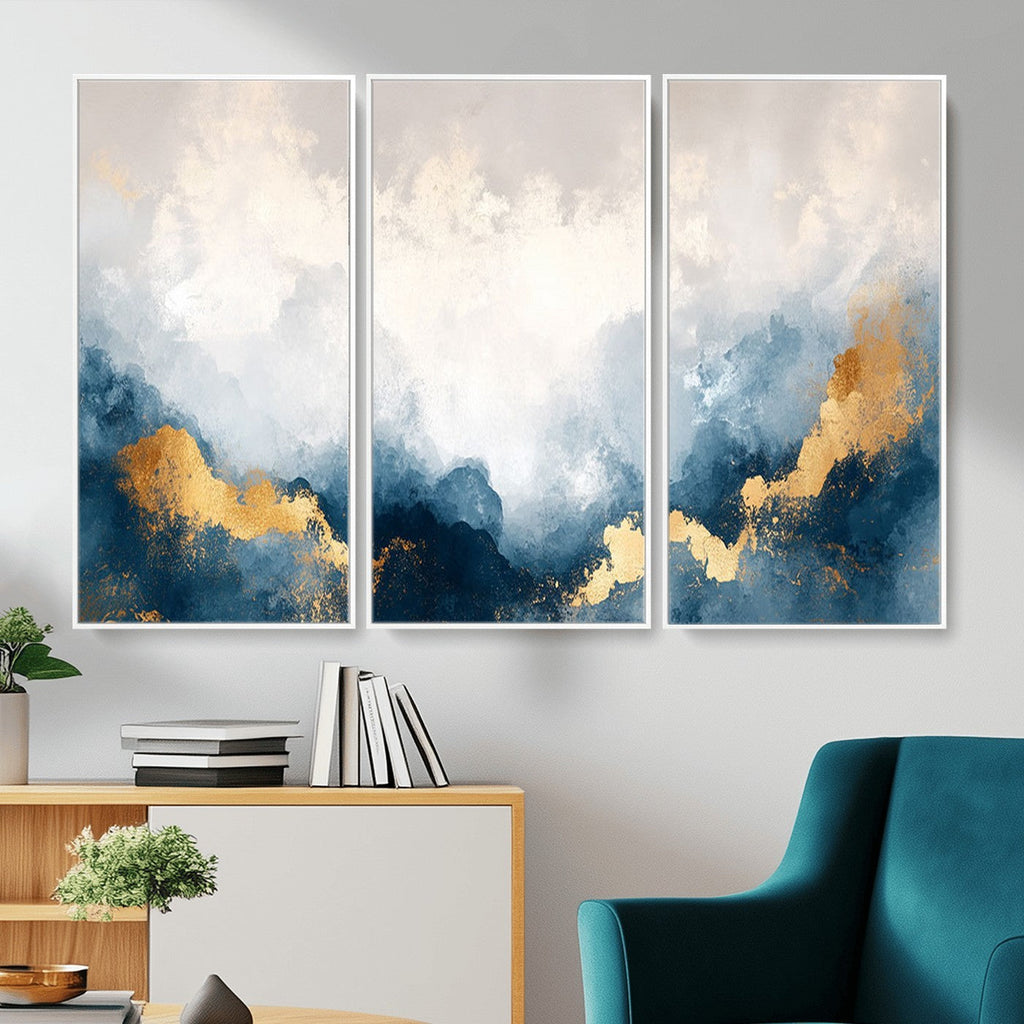 Abstract Blue and Gold Clouds Wall Art Canvas Print, Framed Modern Landscape Artwork