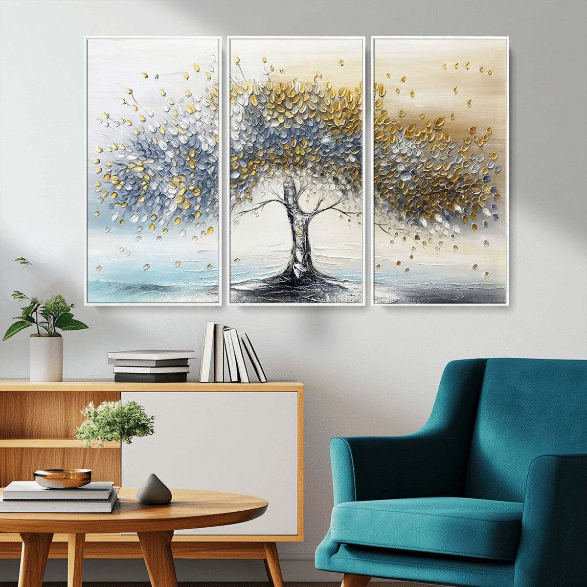 Silver Tree Wall Art | Framed Golden Leaves Canvas Artwork