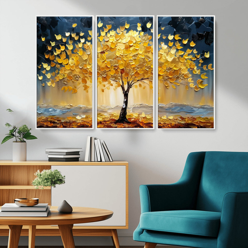Golden Tree Wall Art | Framed Autumn Leaves Canvas Artwork