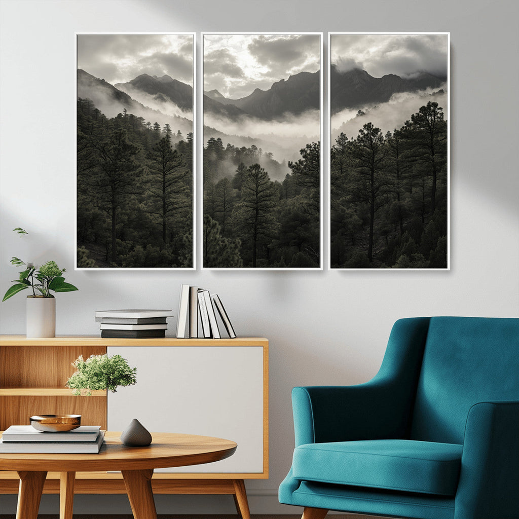 Moody Forest Wall Art | Framed Mountain Fog Canvas Artwork