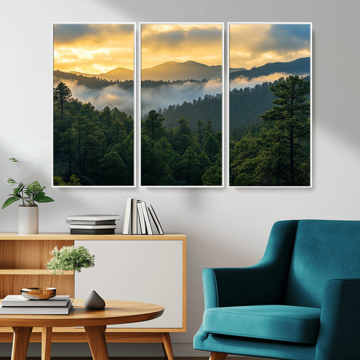 Mountain Sunrise Wall Art | Framed Pine Forest Canvas