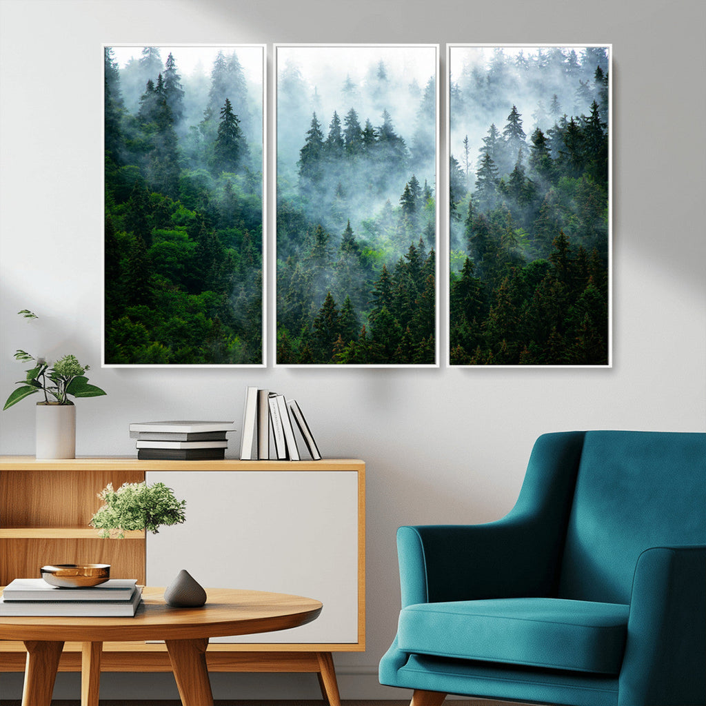 Misty Forest Wall Art Canvas Print | Framed Foggy Mountain Landscape