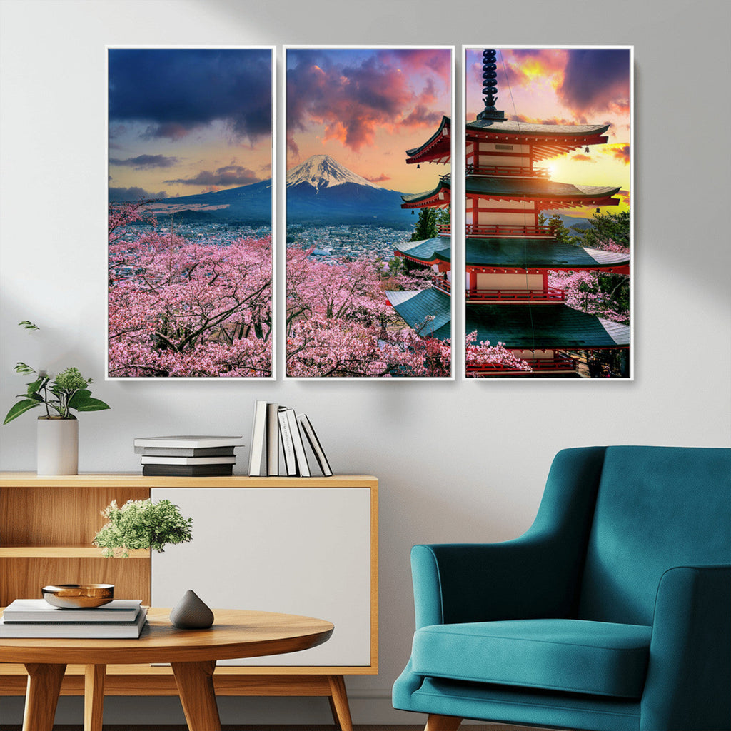 Mount Fuji Cherry Blossom Wall Art Canvas Print | Framed Pagoda Sunset