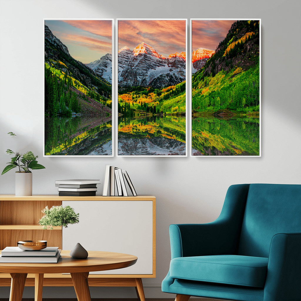 Sunset Glow Mountain Wall Art Canvas Print | Peaks, Green Forest and Lake