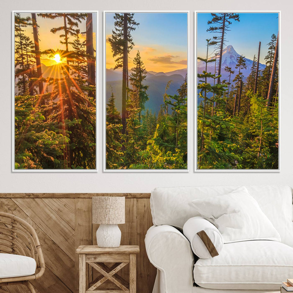 Forest Sunset Wall Art Canvas Print | Green Pines in Golden Light
