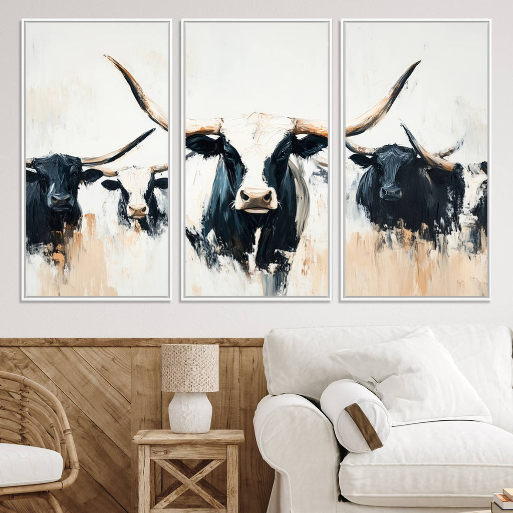 Texas Longhorn Wall Art Canvas Print | Majestic Horned Bull in Black and White