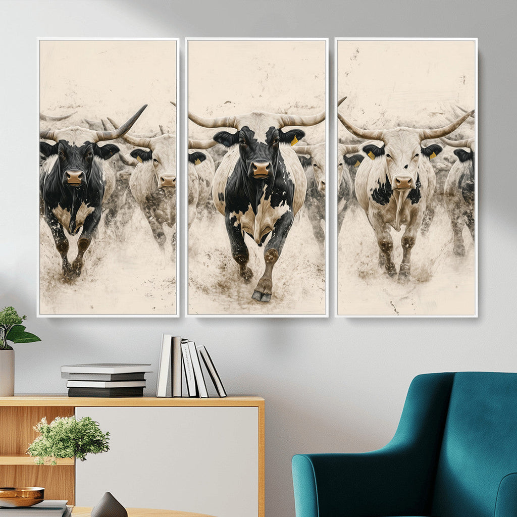 Texas Longhorn Wall Art | Framed Cattle Walking Canvas