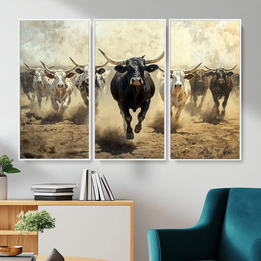 Texas Longhorn Wall Art | Framed Charging Cattle Canvas