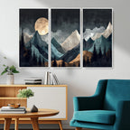 Moonlit Mountain Wall Art Canvas Print, Framed Silhouetted Pines Art, Layered Peaks Rustic Decor