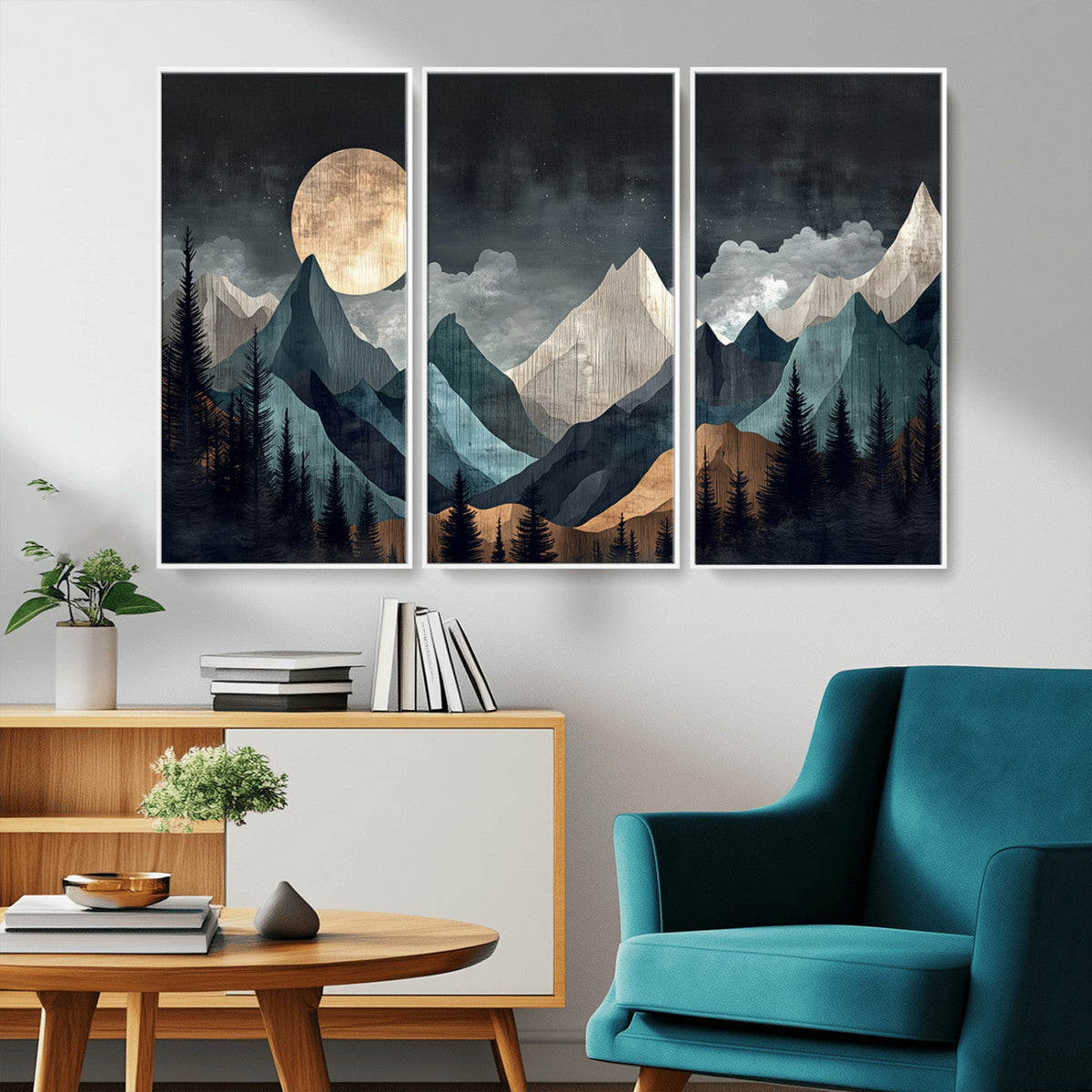 Moonlit Mountain Wall Art Canvas Print, Framed Silhouetted Pines Art, Layered Peaks Rustic Decor