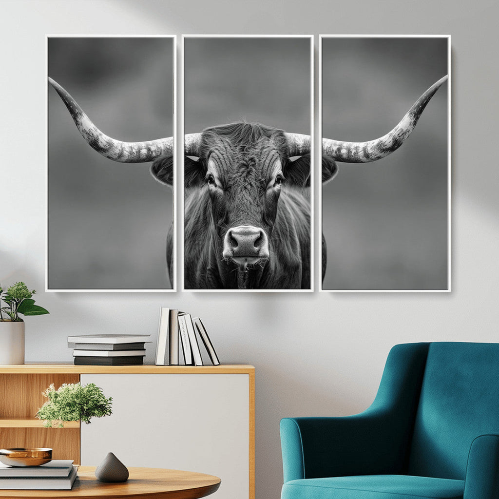 Texas Longhorn Wall Art Canvas Print, Framed Western Bull Photography, Rustic Log Cabin Decor