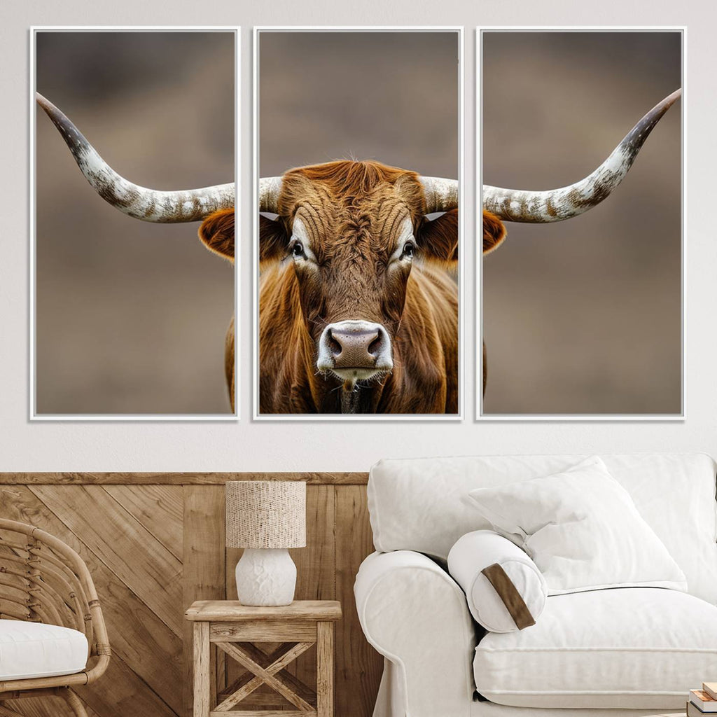 Texas Longhorn Wall Art Canvas Print | Rustic Brown Bull Western Decor